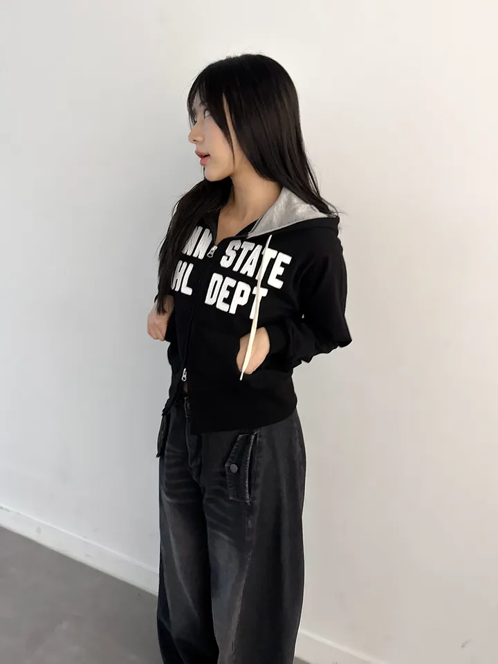 [허리잘록] 스테이트 자수 패치 배색 후드 집업 - 4color 상세 이미지 15