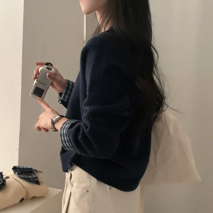 [저렴이X,원단달라요!/긱시크🤍] 버른 체크 레이어드 셔츠 배색 니트 가디건 - 5color 상세 이미지 38