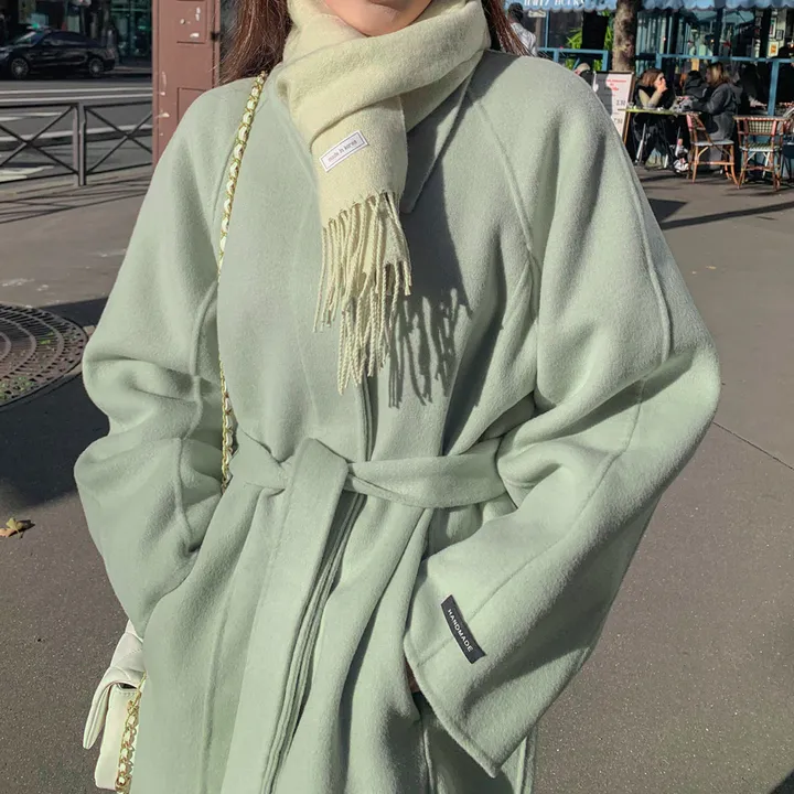 [메리노울100%🤎handmade] 백화점퀄 wool 핸드메이드 롱 울 코트 카라 로브 모직 루즈핏 벨트 싱글 히든버튼 트임 겨울 아우터 네이비 베이지 민트 3col 상세 이미지 32