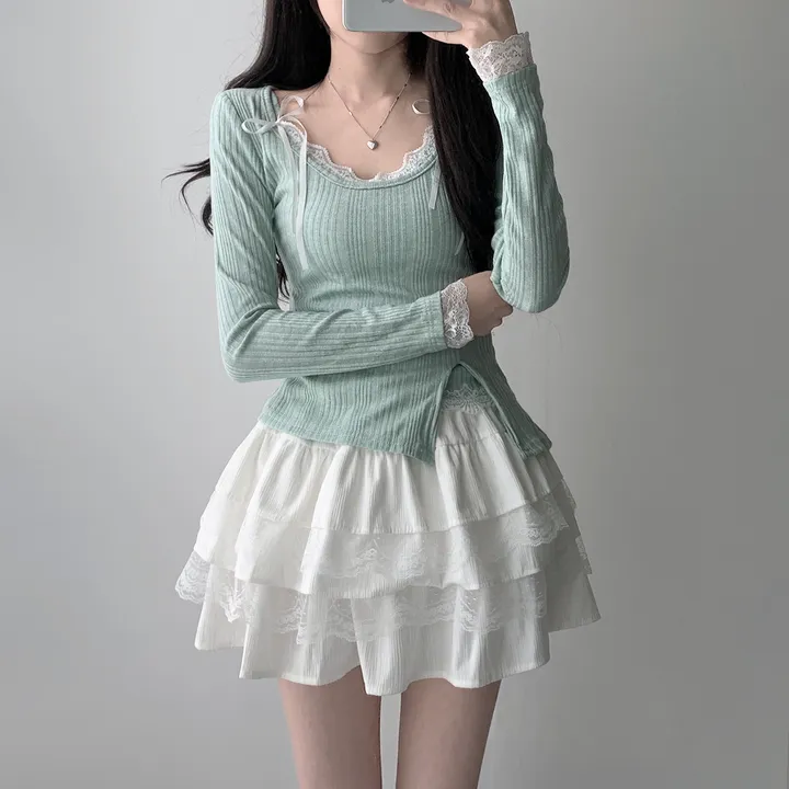 [은은한펄/러블리] 트윙클 골지 슬릿 펄 긴팔 티셔츠+레이스 리본 나시&슈아 밴딩 캉캉 미니 스커트 투피스 쓰리피스 코디세트 단품 세트 상세 이미지 13