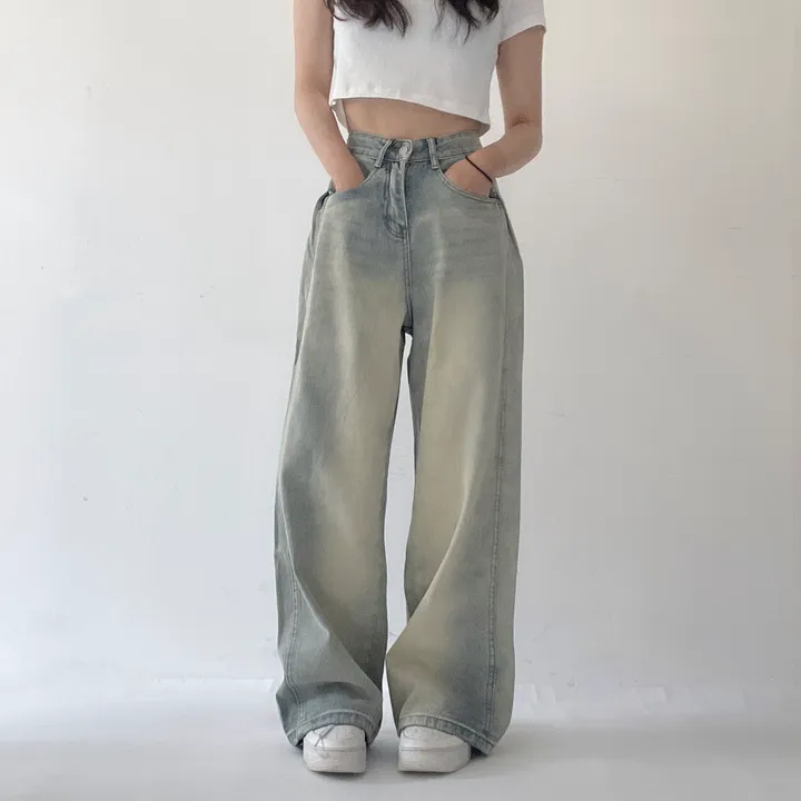 골반보정/색감깡패❣️빈티지 핀턱 폴딩 와이드 워싱 데님 롱팬츠 3color 상세 이미지 5