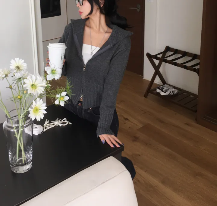 [간절기신상/허리잘록!] 데일리 투웨이 카라넥 하이넥 세미 크롭 니트 집업 상세 이미지 11