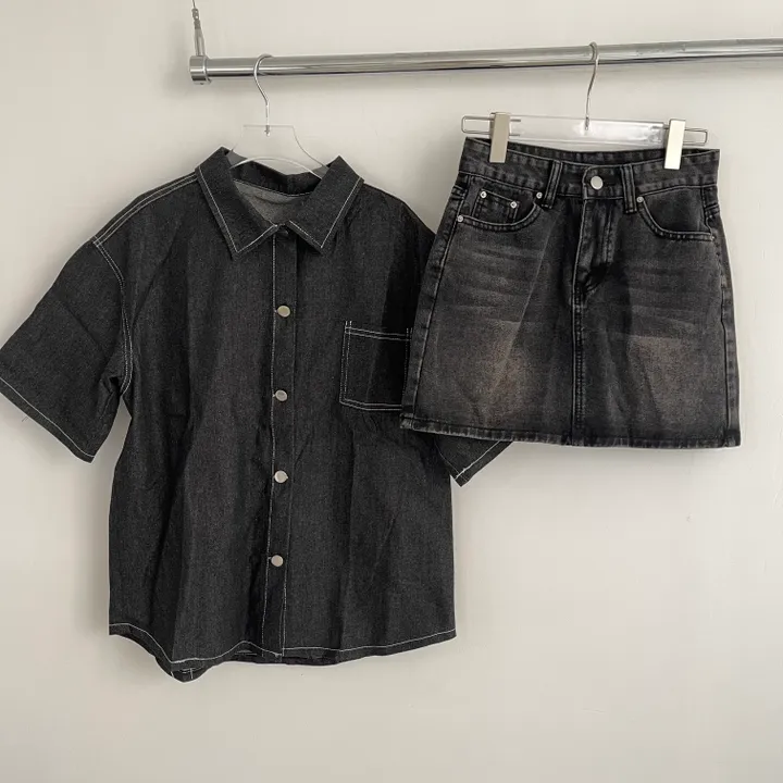 [무채색코디🖤] 오버핏 스티치 반팔 셔츠 + 워싱 흑청 미니 스커트 투피스 코디세트 - 단품,세트선택가능 상세 이미지 10
