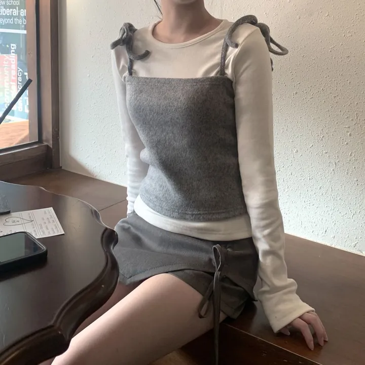 [2ps🎀/퀄리티보장] 레이어드 스트랩 리본 뷔스티에 기모 티셔츠 set 상세 이미지 20