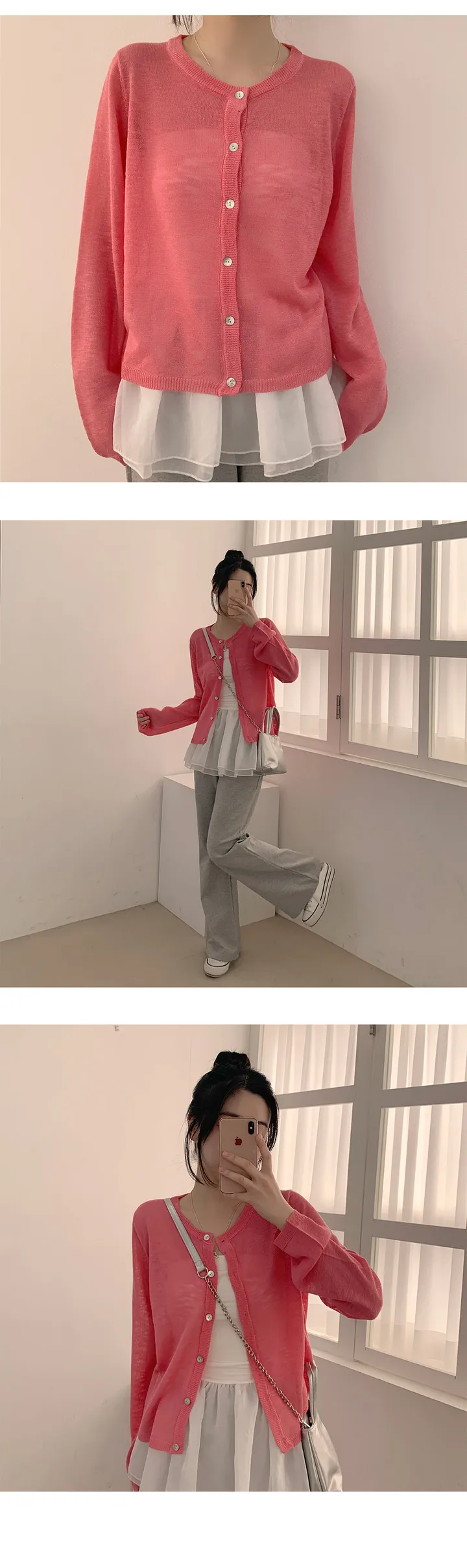 🎀리본 자수 포인트 [간절기,여름가디건/기본템/냉방병방지/살안타템] 애드 라운드넥 뒷 리본자수 루즈핏 자개 단추 봄,여름,가을 간절기 니트 가디건 7Color 상세 이미지 7