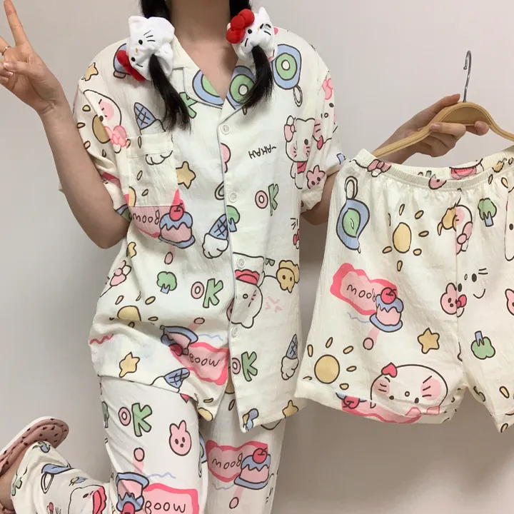 [3피스/빅사이즈도있어용!] 귀여운 리본 고양이 키티 캐릭터 집순이 생일선물 반팔 반바지 긴바지 쓰리피스 잠옷 세트 상세 이미지 2