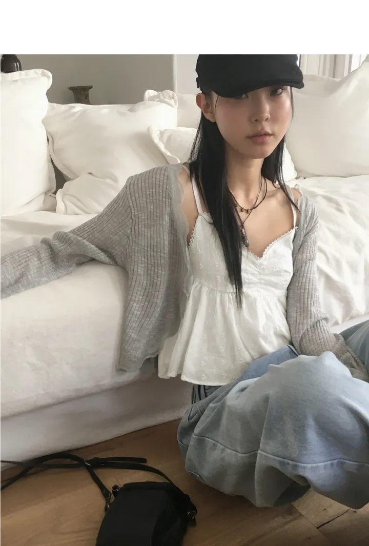 루넌 프릴 레이스 골지 물결 시스루 원버튼 긴팔 가디건 상세 이미지 5