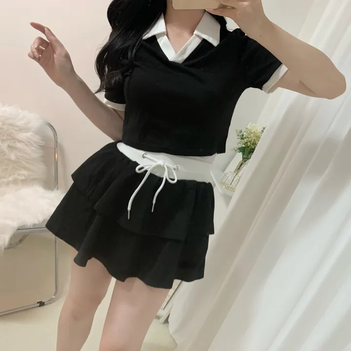 [세트가격/러블리💛] 플레인 배색 카라 크롭 반팔 + 밴딩 캉캉 치마바지 미니스커트 투피스 세트 4color 상세 이미지 32