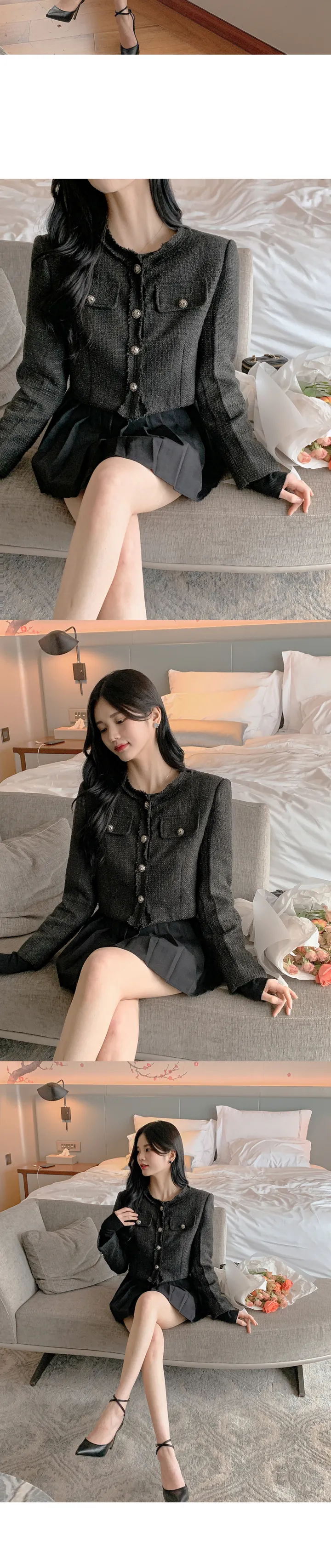[갓성비❤️/화사한 봄 자켓으로 제격!] 매니아 노카라 컷팅 디테일 버튼 포켓 세미크롭 봄 트위드 자켓 상세 이미지 33