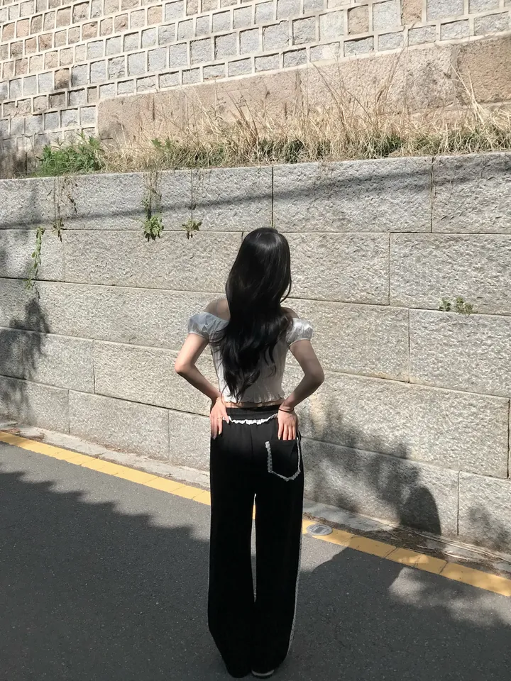 봄신상 포켓 밴딩 레이스 프릴 라인 와이드핏 레이어드 트랙 트레이닝 팬츠 2color 상세 이미지 22