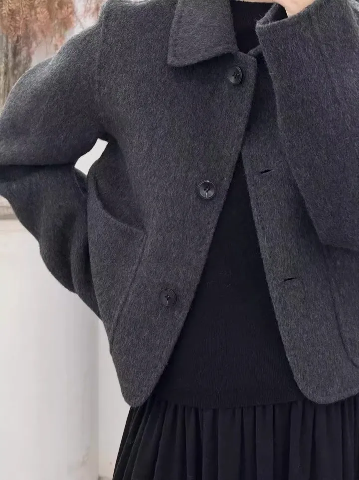 포켓핸드메이드자켓 울자켓 크롭코트 숏코트 카라코트 겨울아우터 하객룩 싱글코트자켓 상세 이미지 1