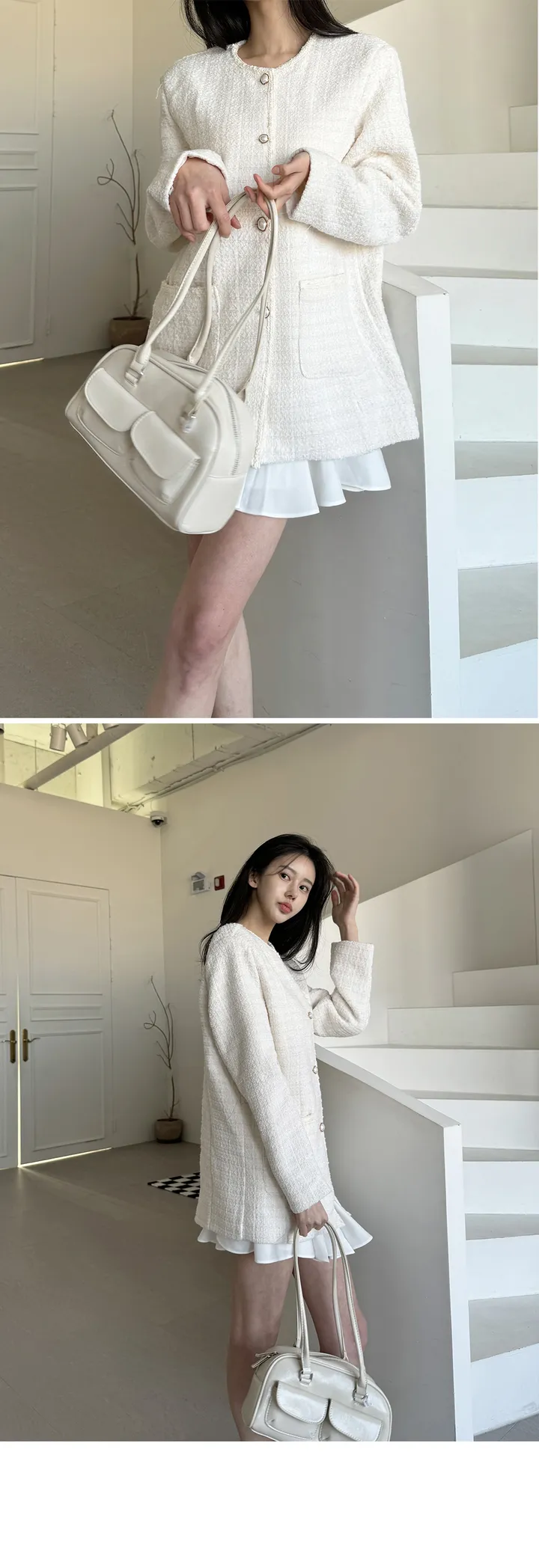 [당일발송]브런치 오버핏 라운드 노카라 봄 하객룩 숏 하프 트위드 자켓(화이트/블랙) 상세 이미지 4