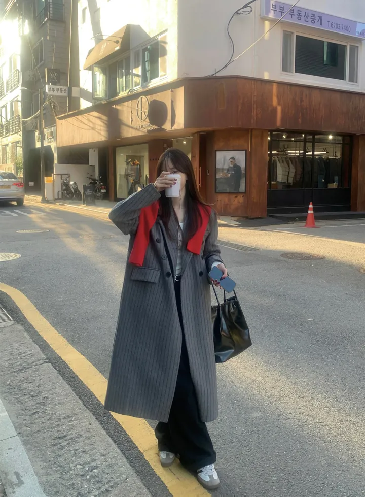 [브랜드퀄/안감누빔] 브랜드 퀄리티 누빔 그레이 스트라이프 롱코트 루즈핏코트 더블코트 겨울코트 스트라이프코트 상세 이미지 22