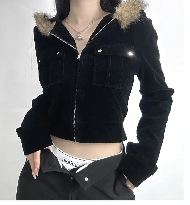velvet fur hood  jacket- 벨벳 퍼 후드 자켓 2color (힙, 스트릿, 유니크, 크롭, y2k, 빈티지, 퍼, 집업, 후드집업) 상세 이미지 20
