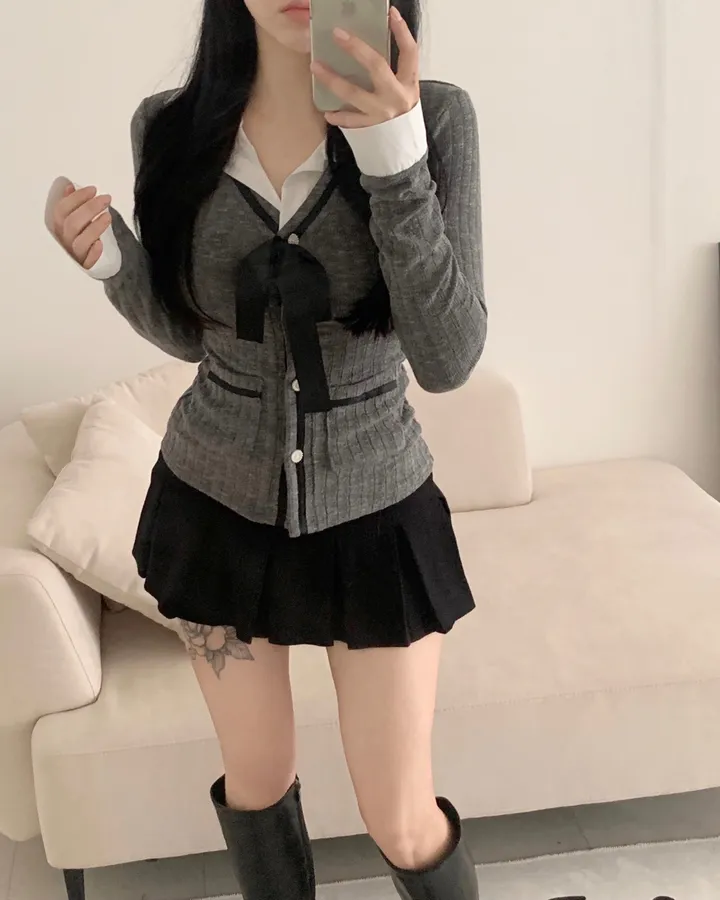 [자체제작/당일출고] 고급미✨일체형* 레이어드 리본 배색 골지 진주 셔츠 + 가디건 상세 이미지 17