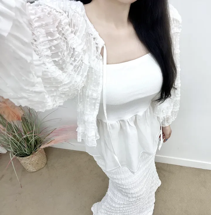 🩵공쥬핏+어깨패드O🩵쉬폰 퍼프 땡땡이 볼레로 가디건 (3COLOR) 시스루 프릴가디건 휴양지룩 여행룩 볼레로블라우스 상세 이미지 14
