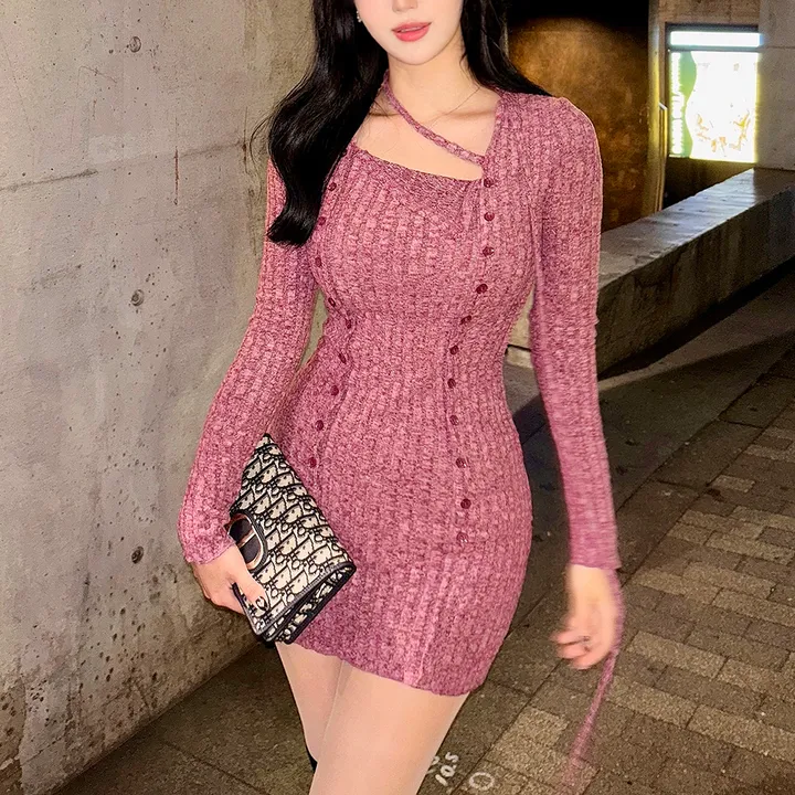 [허얇골넓♥/독보적분위기] 플럼 퍼플 스퀘어넥 초커 니트 미니원피스 상세 이미지 9