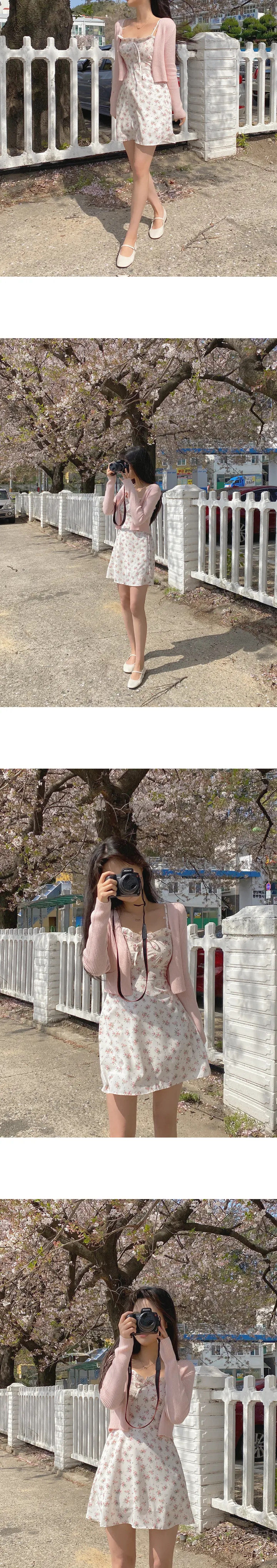 [세트/단독구매가능] 여름 미니 플라워 리본 나시 원피스 + 크롭 골지 파스텔 브이넥 가디건 상세 이미지 4
