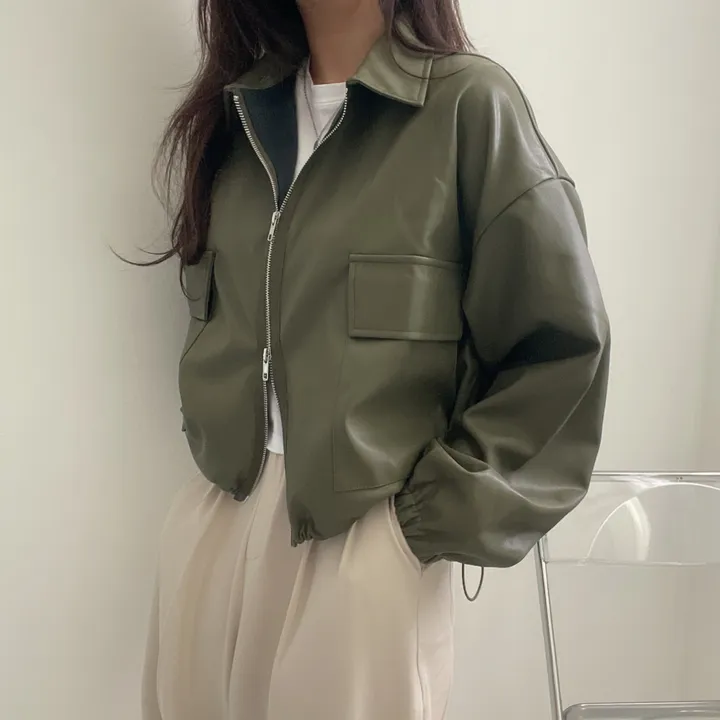 [투웨이/고퀄리티]레더 스트링 카라 크롭 라이더 숏자켓 3color 상세 이미지 9