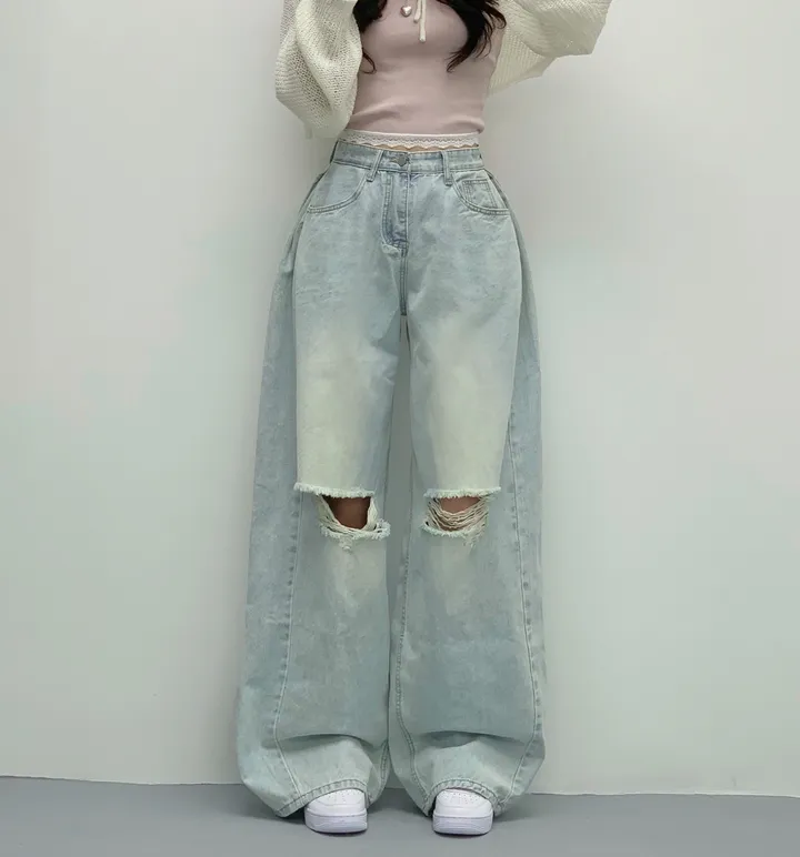 당일🚀[숏,롱/~XL/찐인생바지] 슬릿 찢청 폴딩 빈티지워싱 벌룬핏 옆핀턱 와이드팬츠 무릎트임 데님 청바지 기장선택 빅사이즈까지 오버핏팬츠 여름청바지 상세 이미지 10