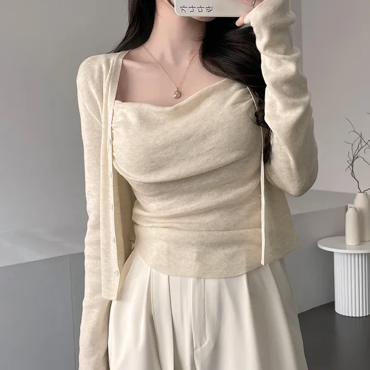 [투피스🧡/청순글램] 가나다란 오렌즈 투피스 드레이프 훌 셔링 슬리브리스 니트 나시 가디건 세트 2color 상세 이미지 17