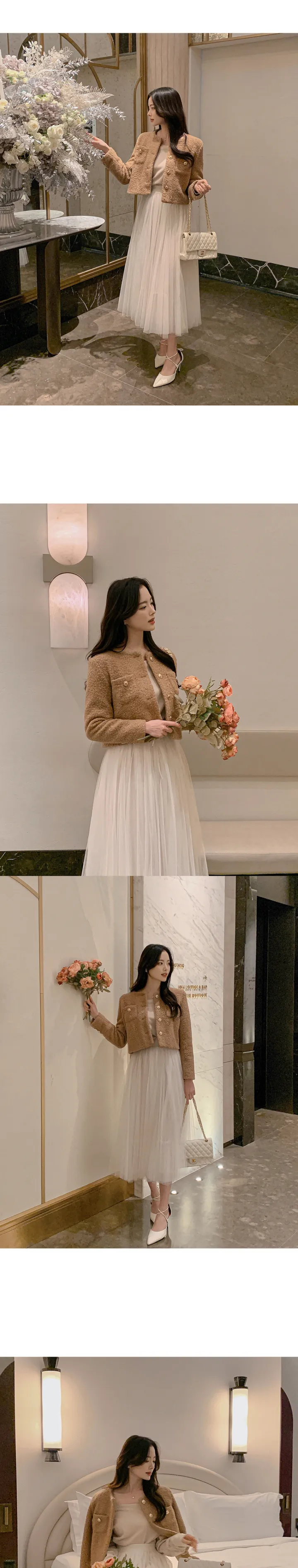 [당일배송🚀/1+1할인/하객룩추천✨/봄까지쭉!] 바이드 노카라 라운드넥 골드버튼 뽀글 세미크롭 베이직 트위드 자켓 상세 이미지 24