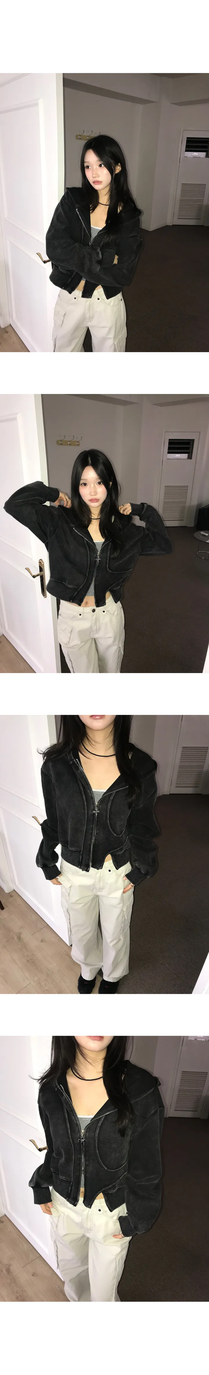 [유니크힙🖤/코디추천!] 클루 피그먼트 워싱 절개 크롭 후드집업 상세 이미지 4