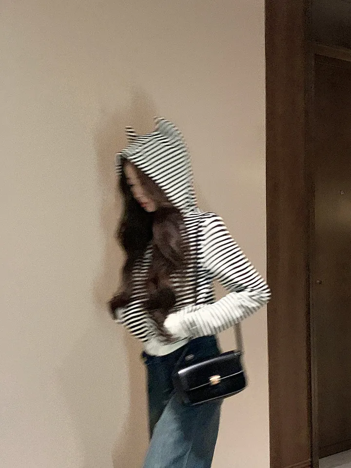 [인기🖤/빈티지]캣츠 스트라이프 후드집업 1color 슬림핏 여리핏 후드 후드집업 단가라 스트라이프 빈티지후드집업 y2k 펑크 고스룩 유니크 크롭 고양이 뿔후드 유니크 봄 상세 이미지 7
