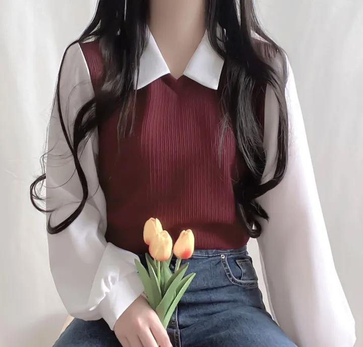 [셔츠+니트 일체형!] 포밍 레이어드 카라 벌룬 배색 니트 블라우스 4color 베이지 핑크 소라 블랙 상세 이미지 20