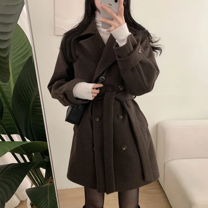 [누빔안감, 하객룩추천] 차분한무드 허리잘록 더블버튼 트렌치 하프 코트 상세 이미지 12