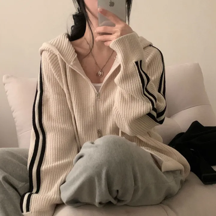 [투웨이!/저렴이XX] 펌킨 배색 라인 투웨이 오버핏 후드집업,니트가디건 - 4color 상세 이미지 6