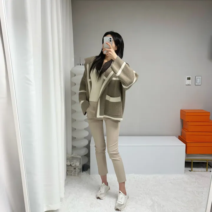 *꾸안꾸, 루즈핏* 라인 배색 니트 후드집업 가디건 자켓 상세 이미지 13