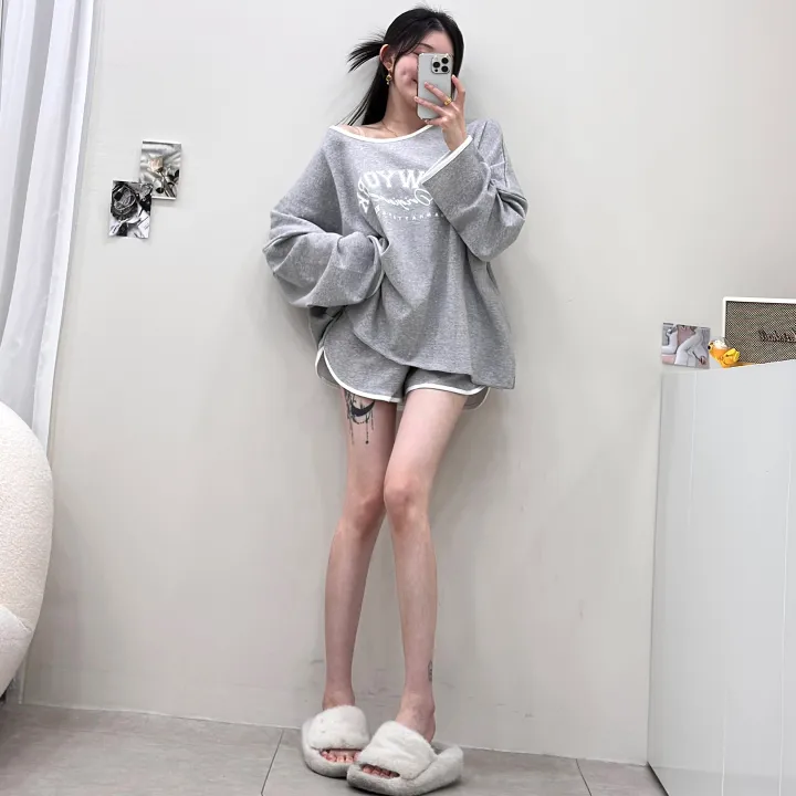[여름까지/여리루즈핏] 밴티 나염 배색 라인 입술넥 오버핏 긴팔 티셔츠+밴딩 하이웨스트 돌핀 숏팬츠 투피스 트레이닝 세트 3color 상세 이미지 13