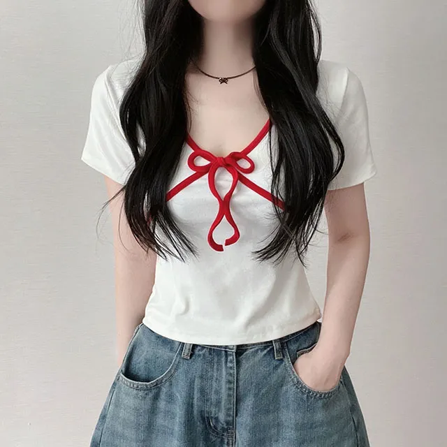 ラインバイカラーリボン半袖Tシャツ | ファッション通販サイト NUGU