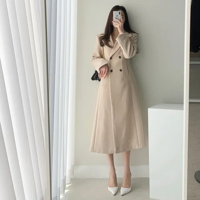 A라인 슬림 롱 플레어 더블 버튼 울코트 블랙 베이지 상세 이미지 40