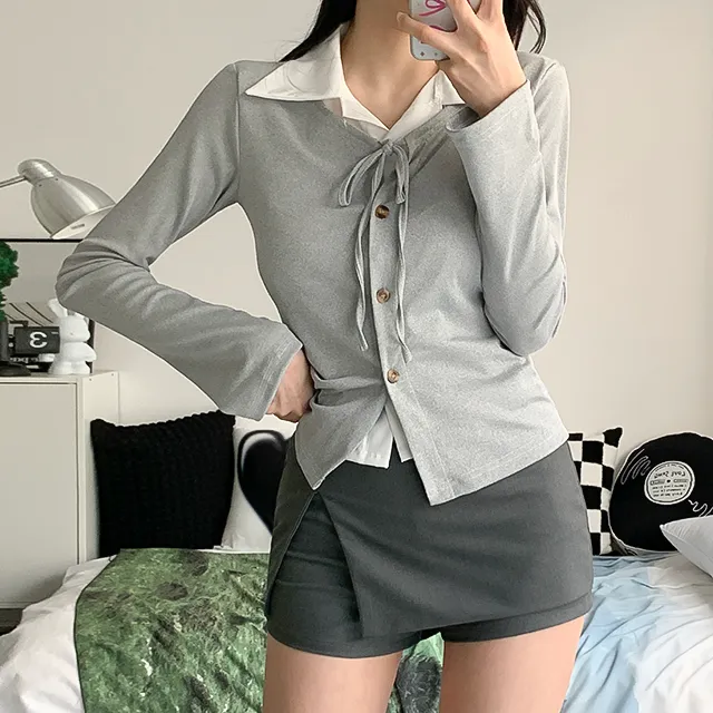[일체형/모던룩/2col] 신디 일체형 슬림핏 레이어드 셔츠 가디건 / 카라넥 / 리본가디건 / 레이어드티셔츠 / 페이크셔츠 / 긱시크 / 브이넥 / 셔츠니트 / 코디완성 / 강추 상세 이미지 29