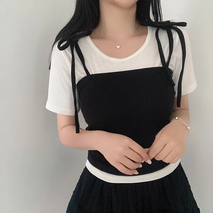 *당발🖤세트🖤 러블리 리본 뷔스티에 + 라운드넥 무지 반팔 티셔츠 세트 투피스 3col 상세 이미지 10