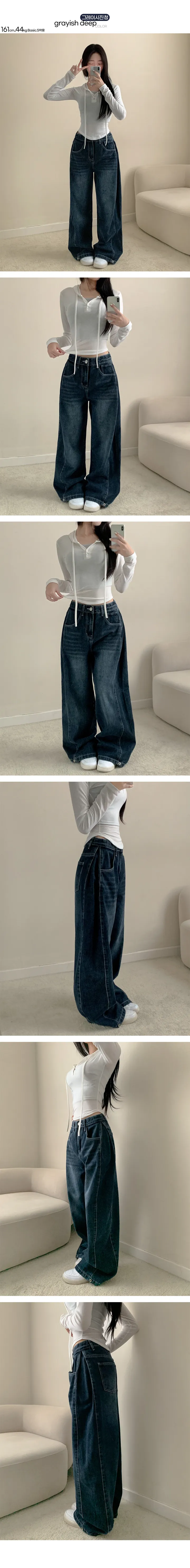 [숏.롱/~3XL] 옆 핀턱 히든 밴딩 와이드 데님 청바지 흑청 빈티지중청 그레이시진청 연청 상세 이미지 9