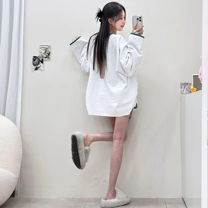 [여름까지/여리루즈핏] 밴티 나염 배색 라인 입술넥 오버핏 긴팔 티셔츠+밴딩 하이웨스트 돌핀 숏팬츠 투피스 트레이닝 세트 3color 상세 이미지 19