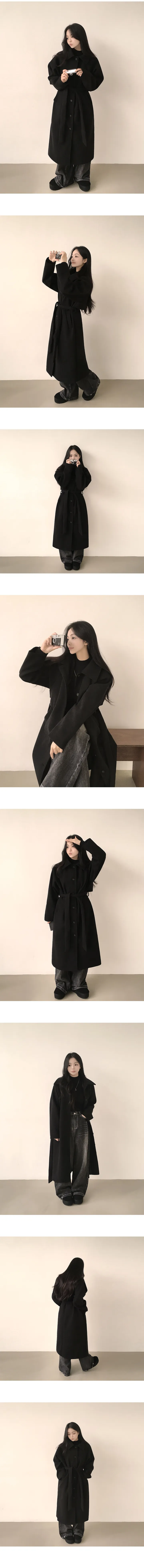 [백화점퀄리티🩶/부해보임없는~] 깔끔한 아웃핏으로 자주 손이 가는, 싱글 카라 나그랑 허리 스트랩 루즈핏 모직 롱코트 (4color) 상세 이미지 6