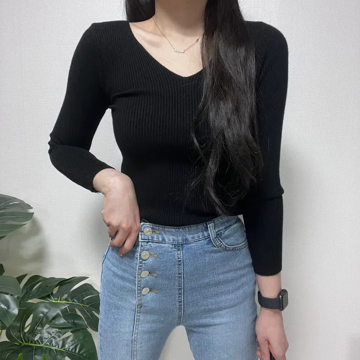 1000장 돌파! 🚀당일발송!🚀✨진짜최저가보장✨ 🎊봄까지 쭉!🎊 주문폭주 🎀리뷰극찬🎀 2개 구매시 묶음할인! 기본 슬림 골지 브이넥 니트 긴팔티 상세 이미지 36