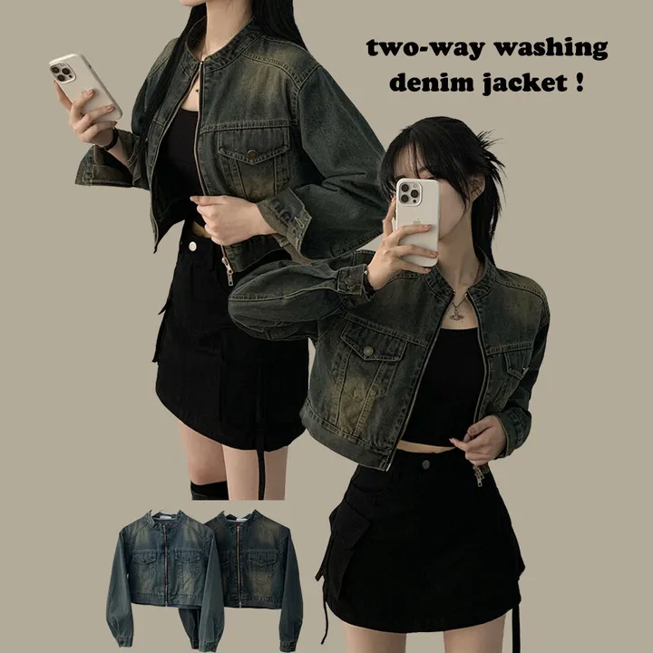 [빈티지힙] 투웨이 데미지 바이커 크롭 워싱 데님 자켓 상세 이미지 2