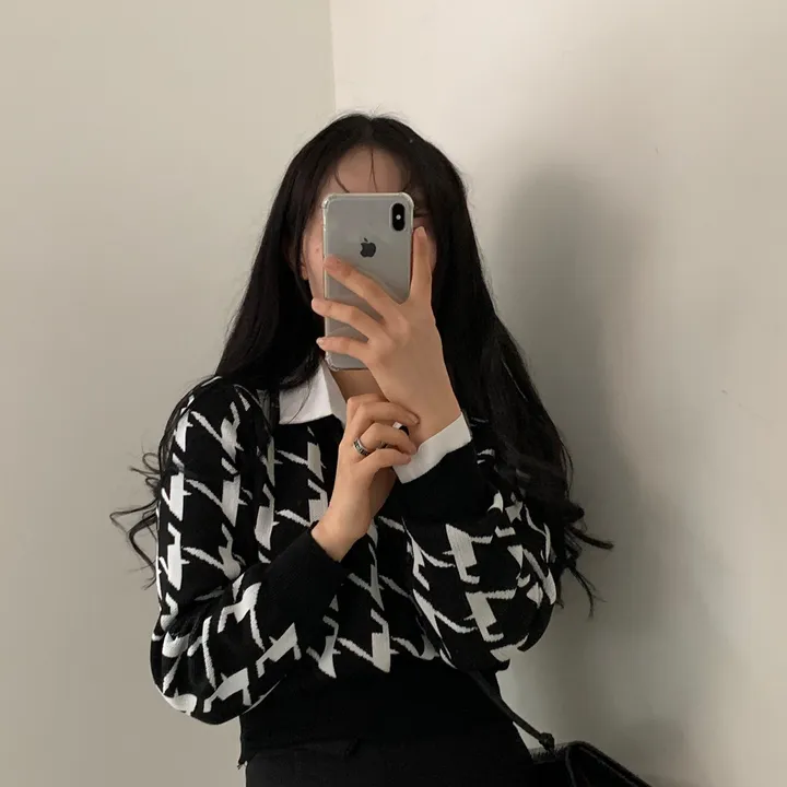 [몸매보정] 잘록한 체크 크롭 브이넥 배색니트;2col 상세 이미지 23