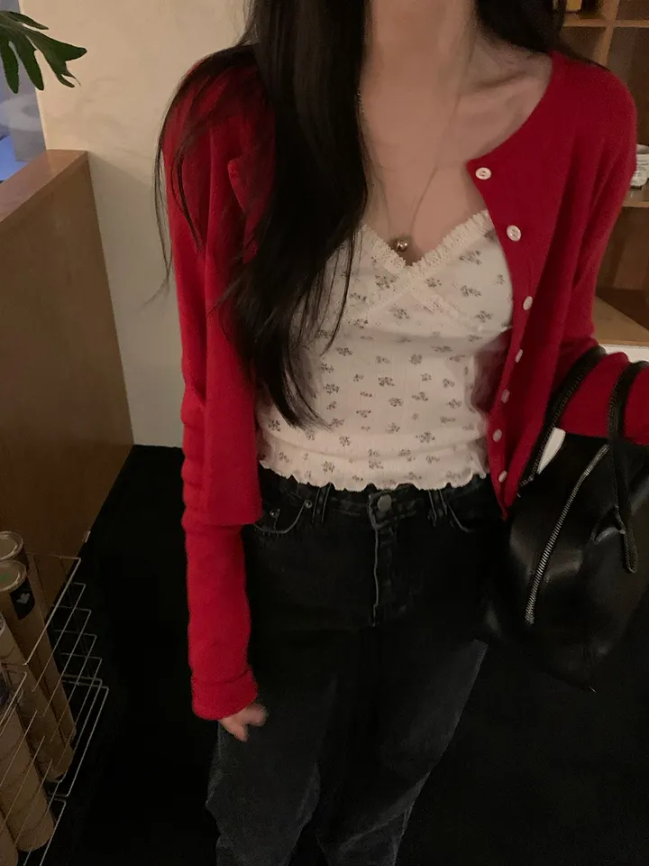 [ 3천장돌파 ] 펀칭가디건 크롭 라운드 가디건 루즈핏 레드가디건 빨간가디건 라운드넥가디건 빈티지가디건 상세 이미지 22
