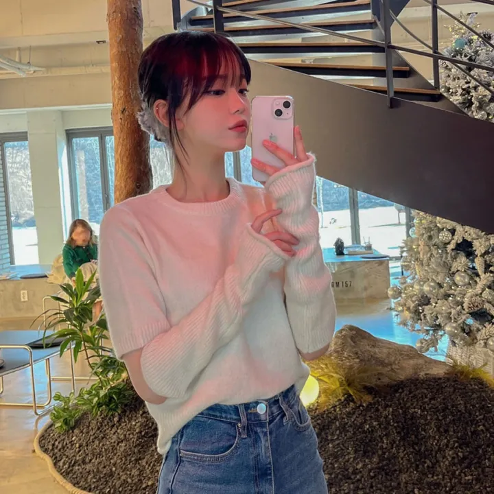 [워머SET/재진행‍🔥] 러블리 보들 울 핸드 워머 니트 세트 루즈핏 트임 반팔 니트티 라운드넥 토시 니트투피스 상세 이미지 21
