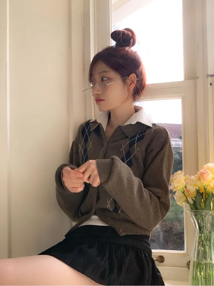 [캐시미어가디건ෆ잘록핏]르본 배색 아가일 패턴 잘록 시보리 카라넥 캐시미어 울니트 버튼 가디건 4color 상세 이미지 44