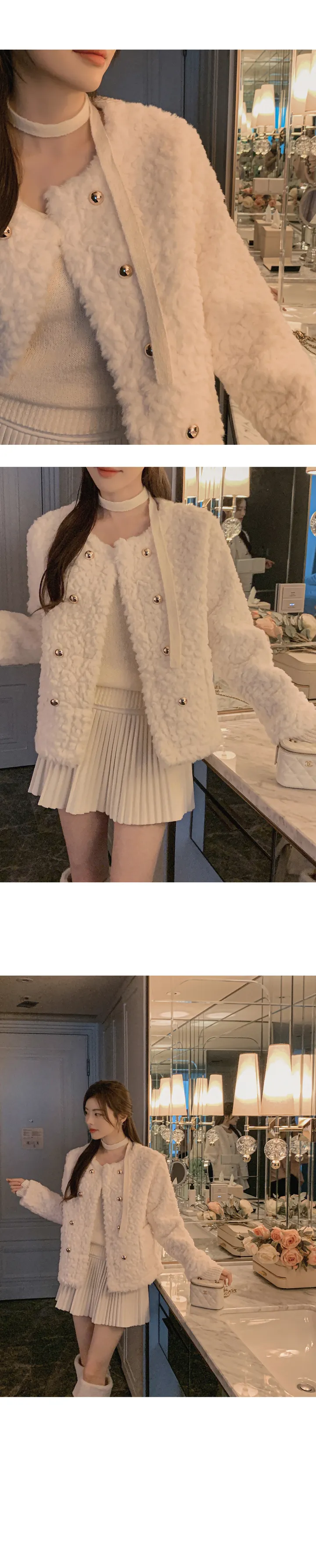 [고퀄/퍼자켓/하객룩] 로민 노카라 라운드넥 금장버튼 더블버튼 포켓 페이크퍼 오픈 자켓 상세 이미지 15