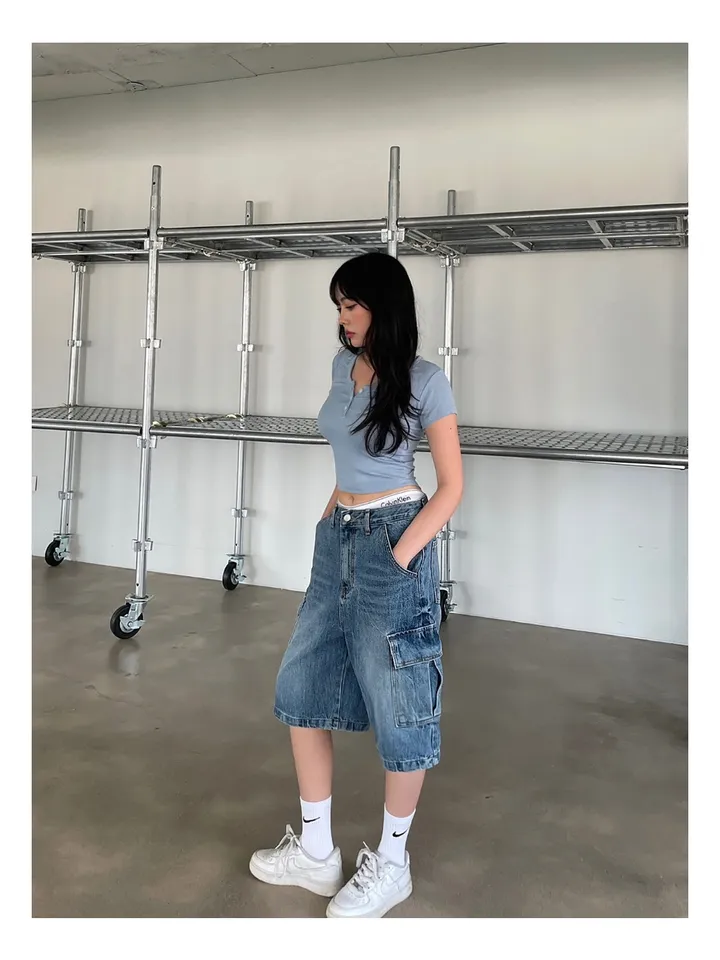 [UNISEX] 카고 데님 청 워싱 버뮤다 반바지 팬츠 (2color) 상세 이미지 5