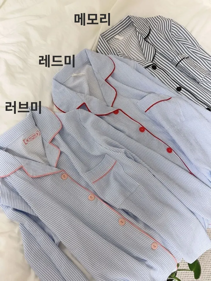 [💙긴팔잠옷set/심플💙]지지미면 잔스트라이프 3타입 컬러배색 잠옷세트 단가라 카라넥 시원한 봄여름가을 사계절 러블리 파자마파티 홈웨어세트 상세 이미지 71