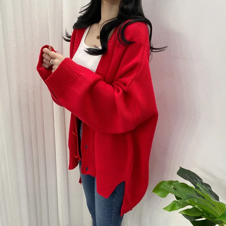 🚀당일발송-레드/블랙🚀[고퀄/데일리룩] 봄🌸 가을 디얼 터크 언발 오버핏 니트 가디건 상세 이미지 28